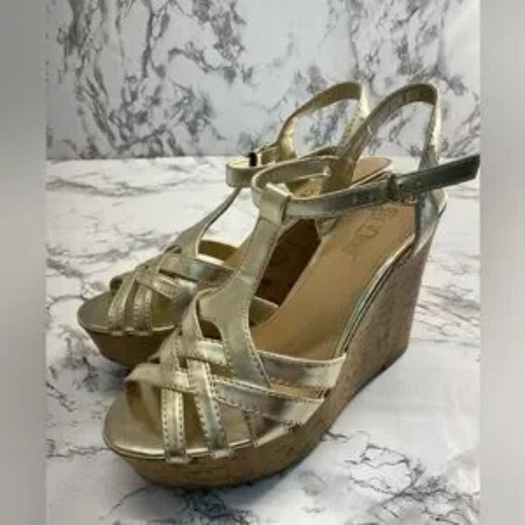 Brash Gold Metallic Strappy Cork Wedges Size 7 - Picture 5 of 11